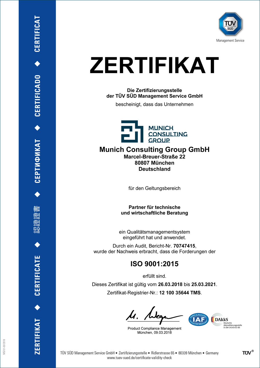 Internationale Zertifizierung des Qualitätsmanagements nach ISO 9001